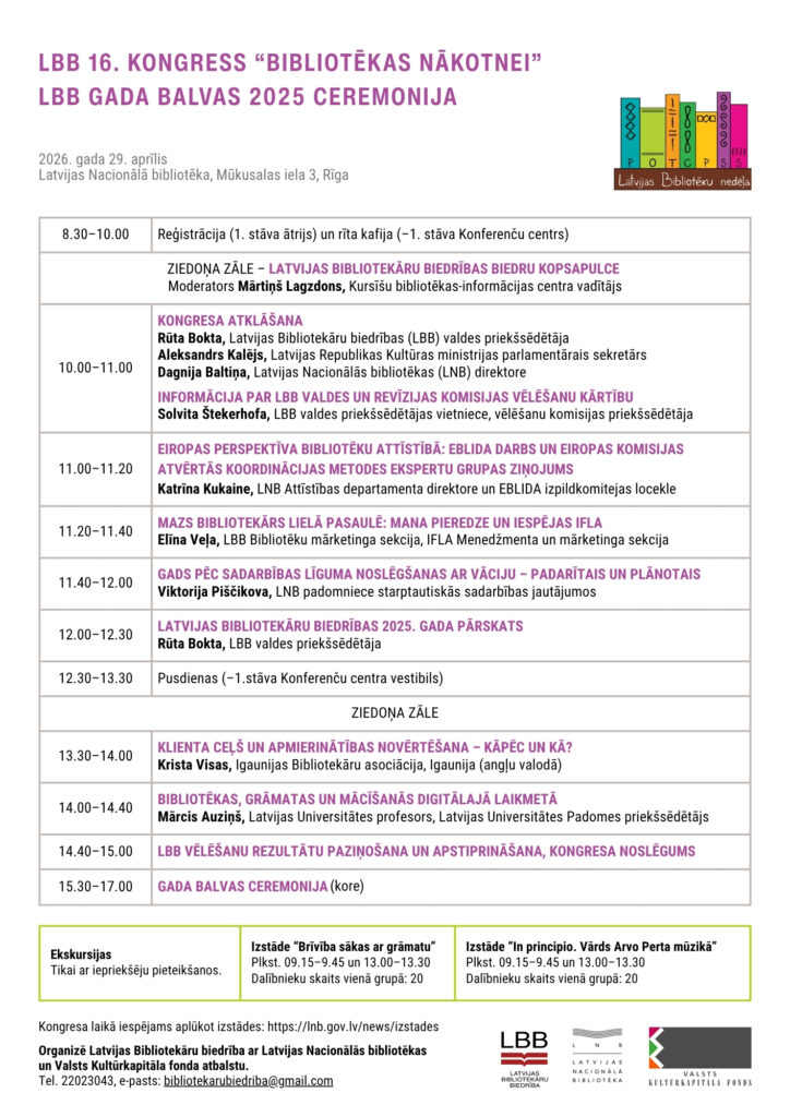 Latvijas Bibliotekāru biedrības 16. kongress “Bibliotēkas nākotnei” kongress 2026